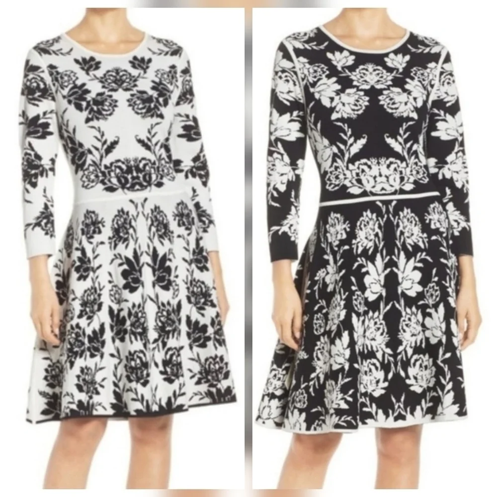 Eliza J REVERSIBLE 3/4 Sleeve Jacquard Sweater Fit & Flare Dress, Black White XS